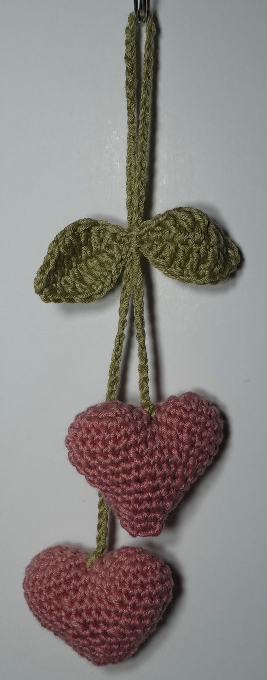 Handmade Crochet Double Heart Cherry Charm – Bag or Car Hanging Décor
